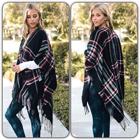 Plaid Cozy Chic Sweater Kimono Wrap O/S - Picture 4 of 8